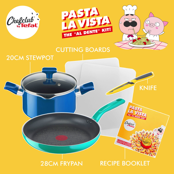 CHEFCLUB Chefclub by Tefal Pasta La Vista Cookware Set: Frypan 28 cm,  Stewpot 20 cm, Utility Knife, Cutting Board, Recipe Booklet G804S404